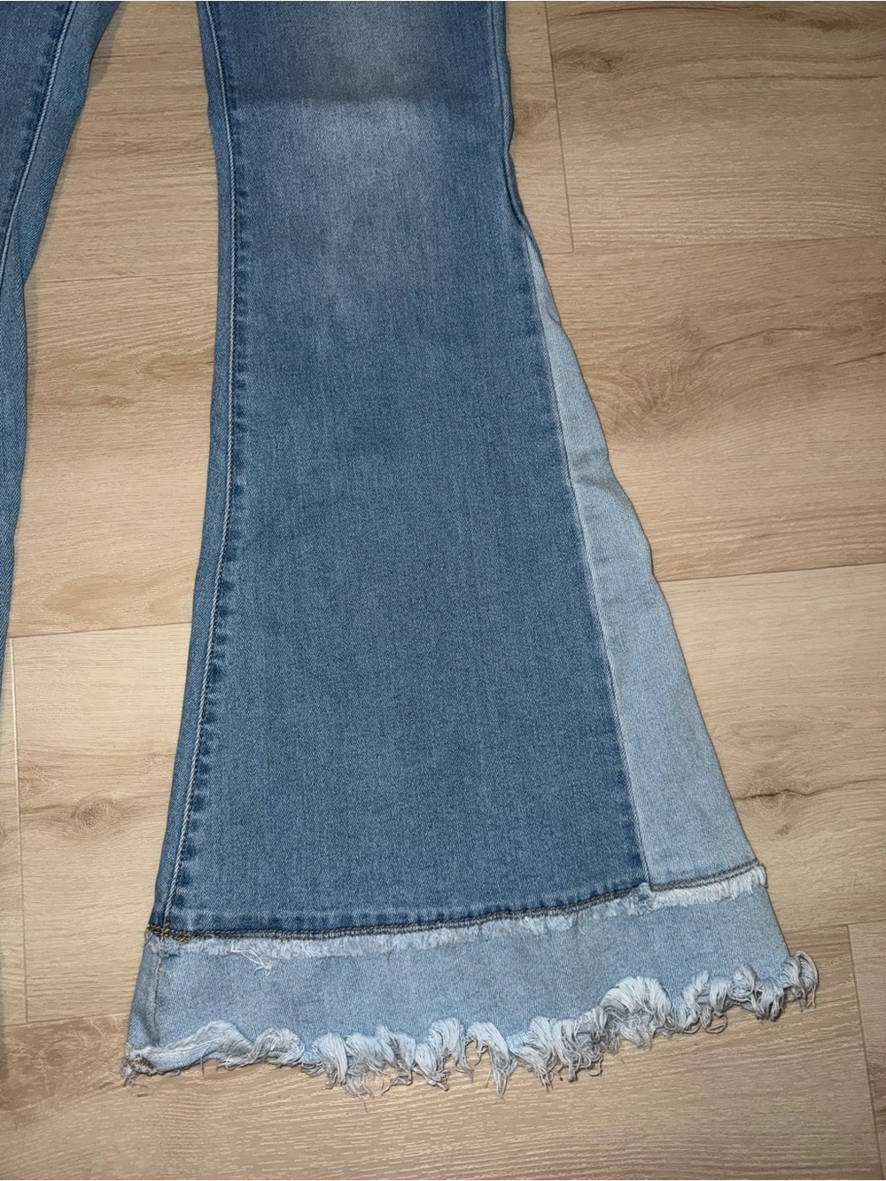 Fashion Nova Light Blue Two-Tone Flare Bell Bottom Jeans with Frayed Hem - Picture 3 of 8